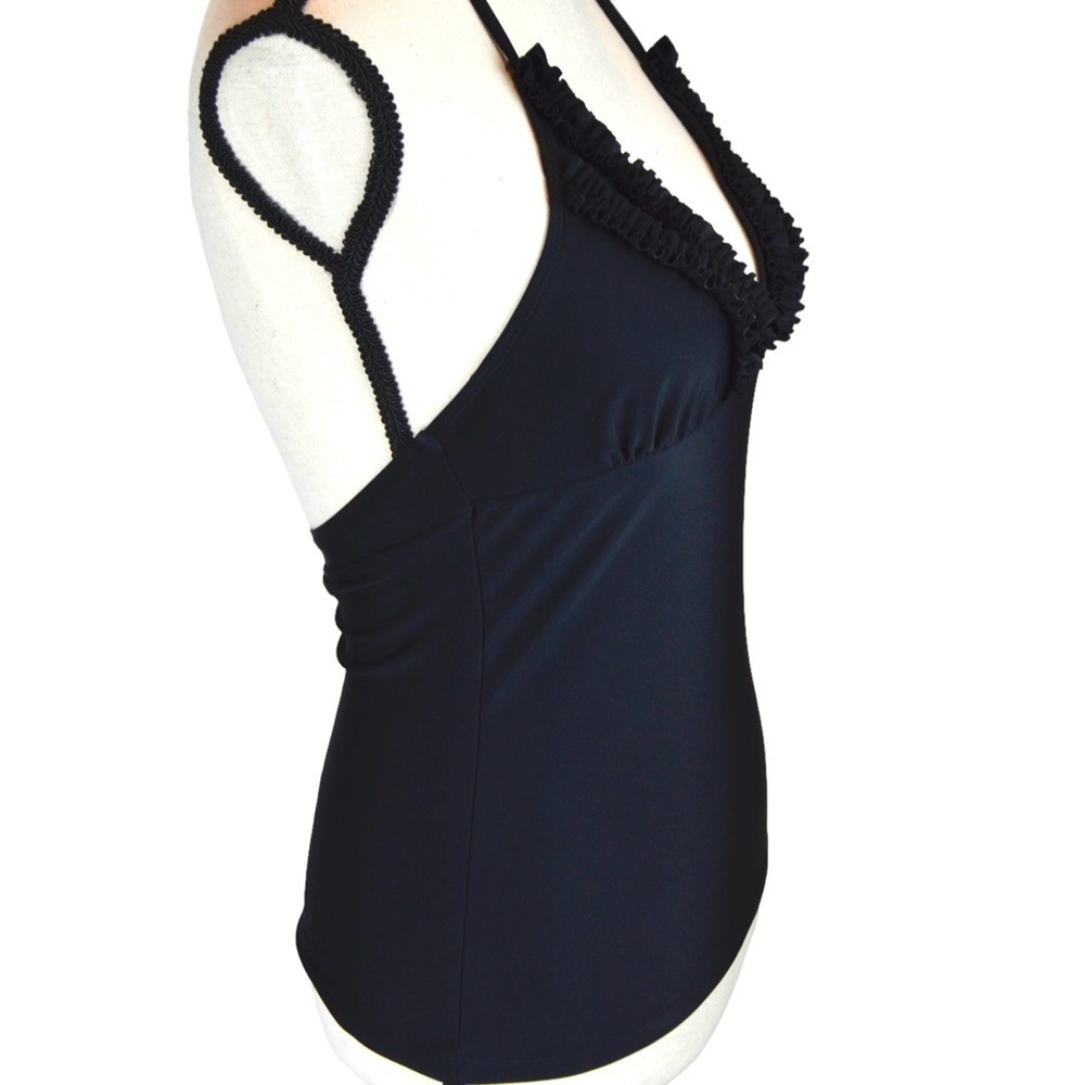 Hula Honey‎ Black Halter Tie Ruffle Trim V Neck Tankini, Size Small